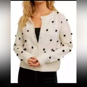 Hem & Thread Pom Pom Cardigan Sweater Ivory Black Women’s Size Medium